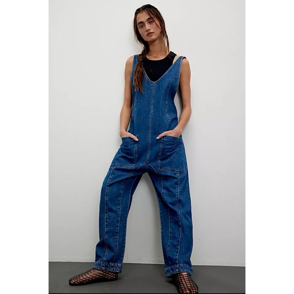 NWT Free People High Roller Denim Jumpsuit Blue Large